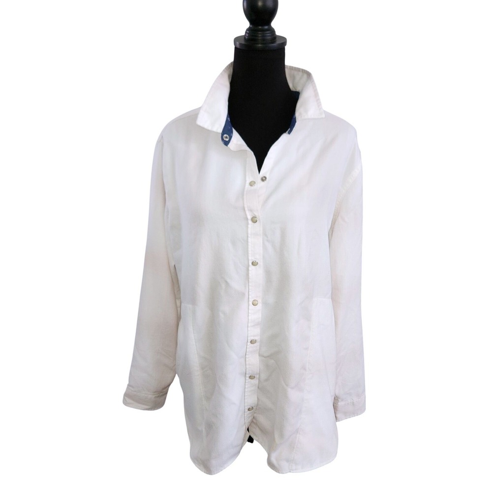 Jachs Girlfriend Women's Snap Button Flannel Shirt Long Sleeve White Sz XL STAIN